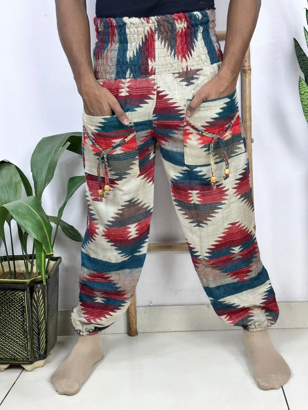 Unisex Yak Wool Blend Harem Pants in geometric