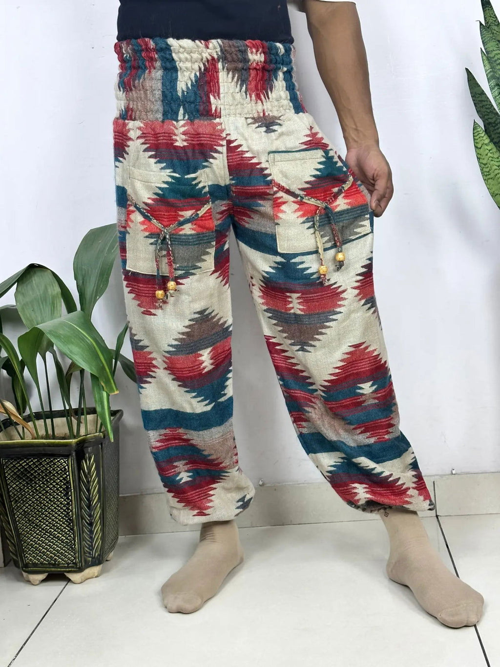 Unisex Yak Wool Blend Harem Pants in geometric