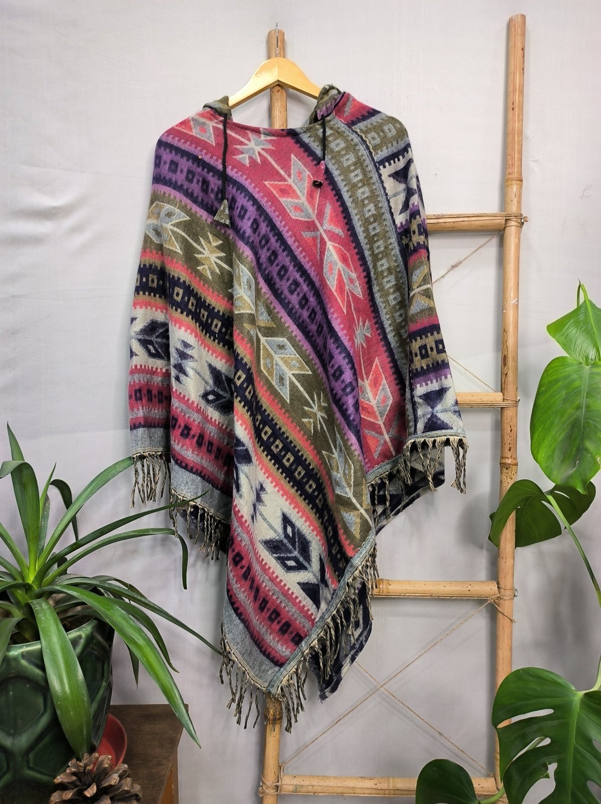 Unisex Yak Wool Blend Hooded Poncho in black red pink blue geometric