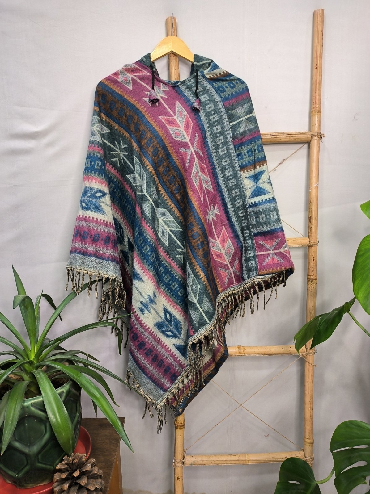 Unisex Yak Wool Blend Hooded Poncho in black red pink blue geometric