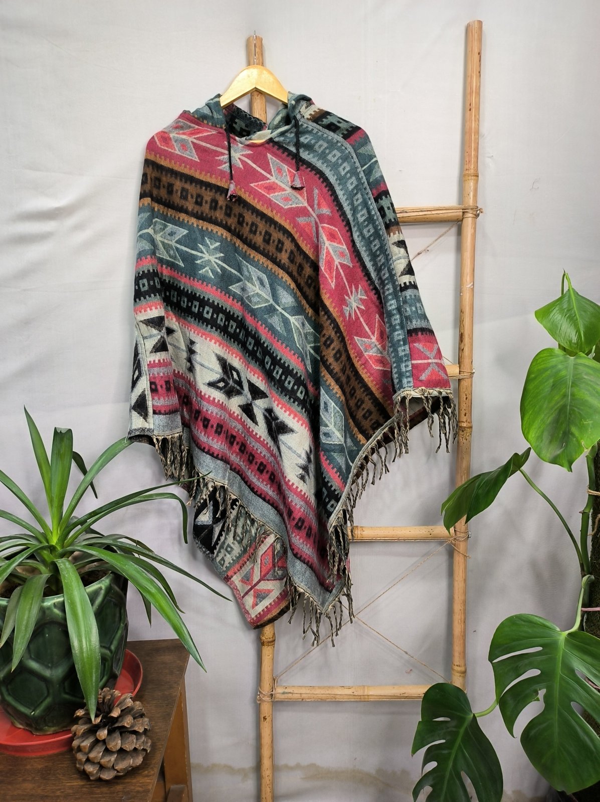 Unisex Yak Wool Blend Hooded Poncho in black red pink blue geometric