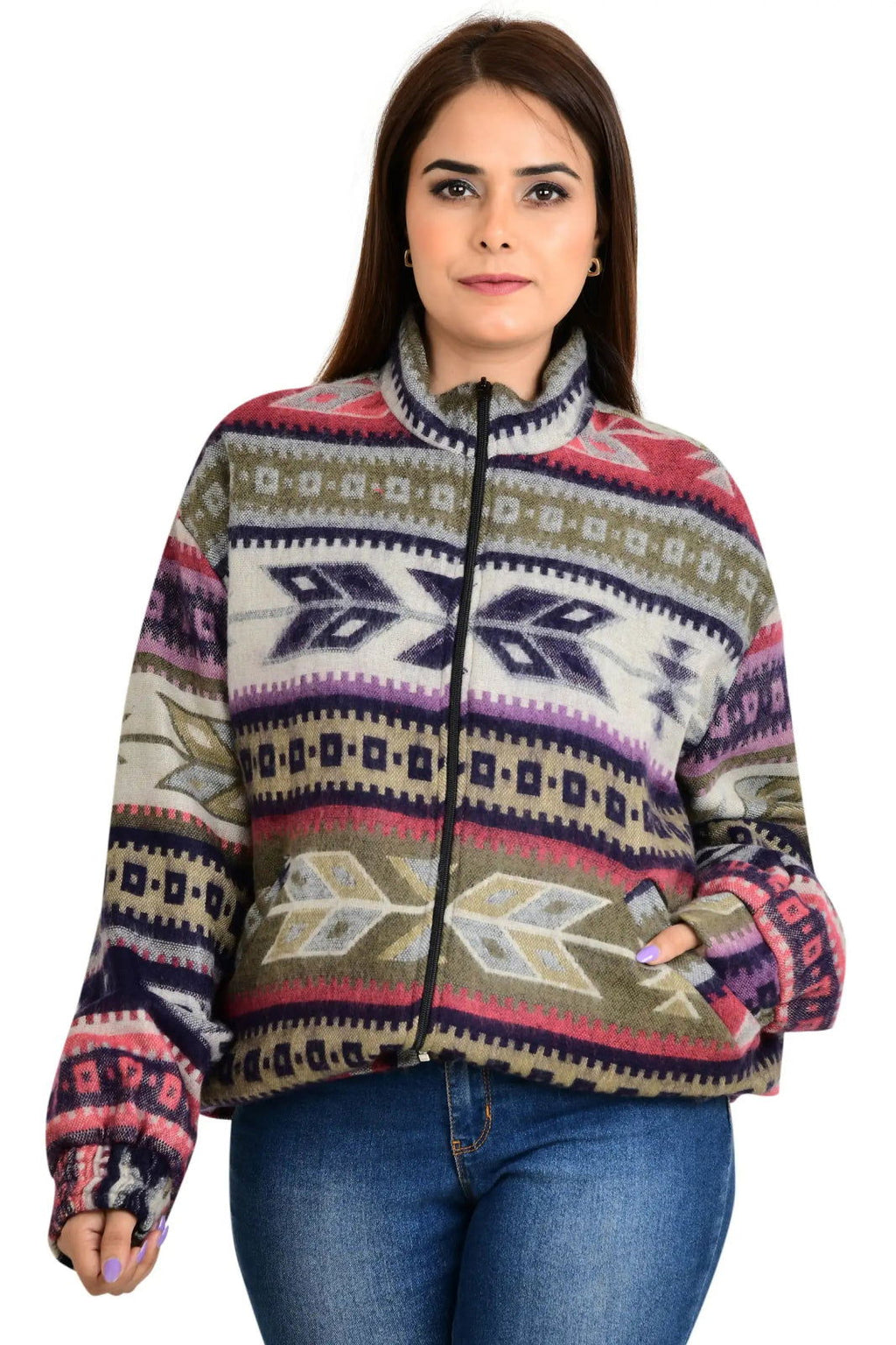Yak Wool Blend Zip Jacket in diamond with pockets