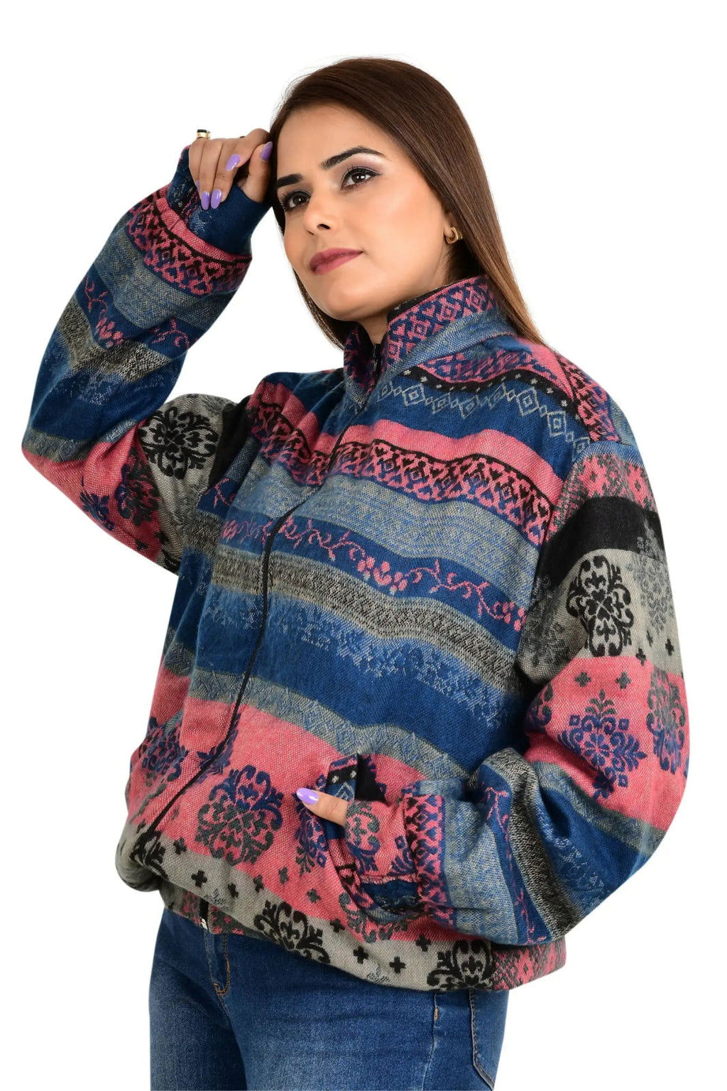 Yak Wool Blend Zip Jacket in diamond with pockets