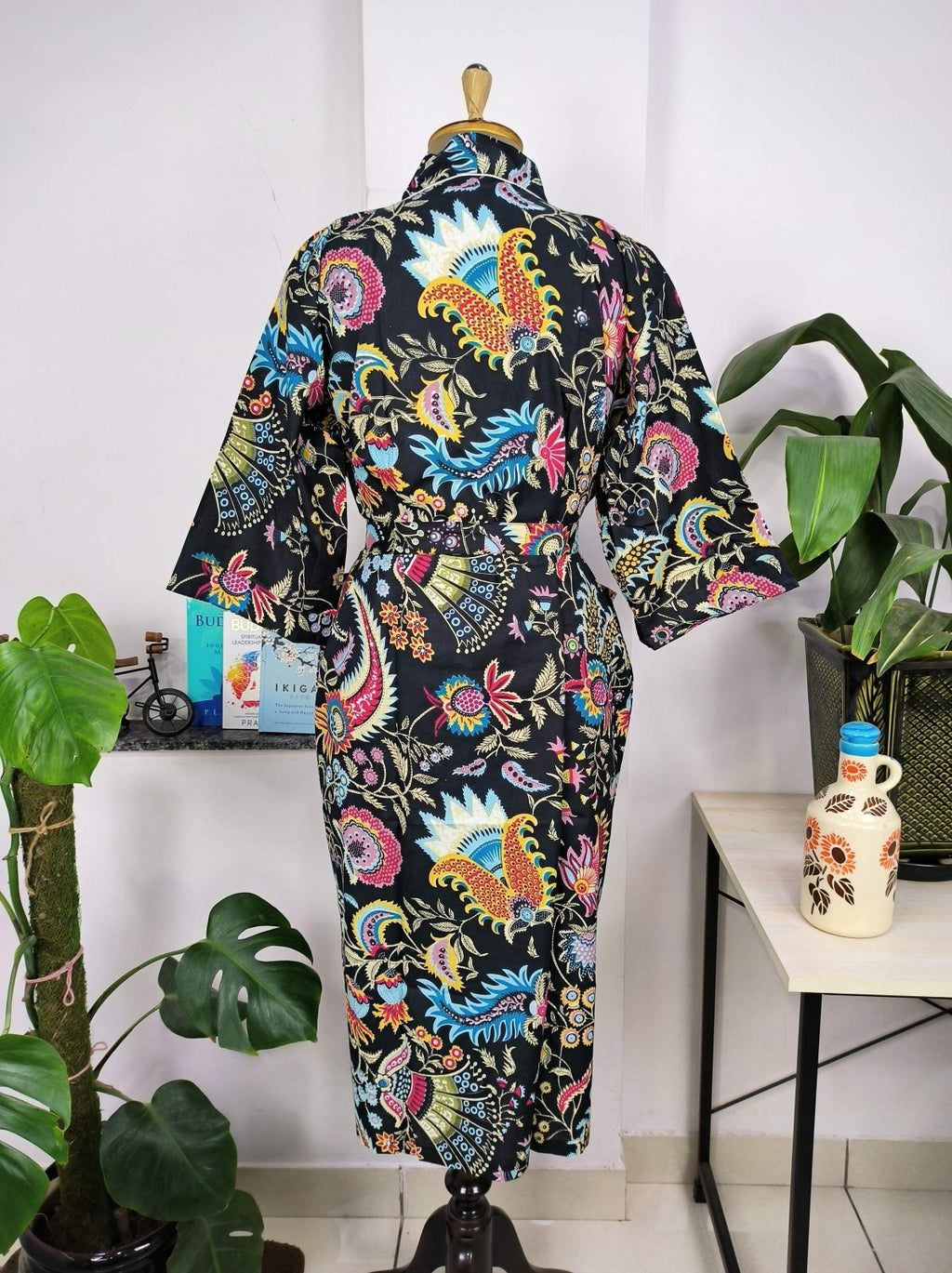 block-printed Cotton Kimono Robe in pink jungle